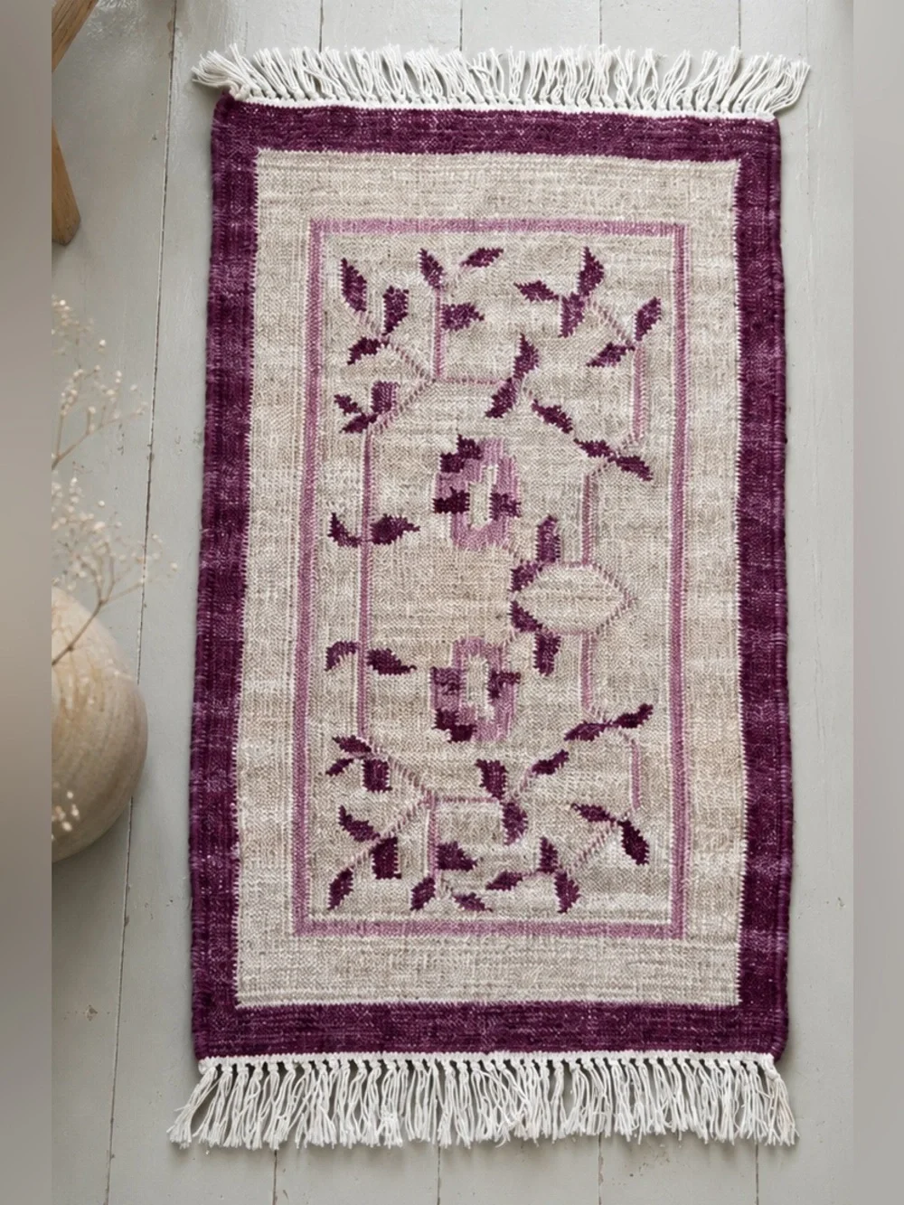 Vintage Handwoven Wool Floral Accent Rug with Fringe